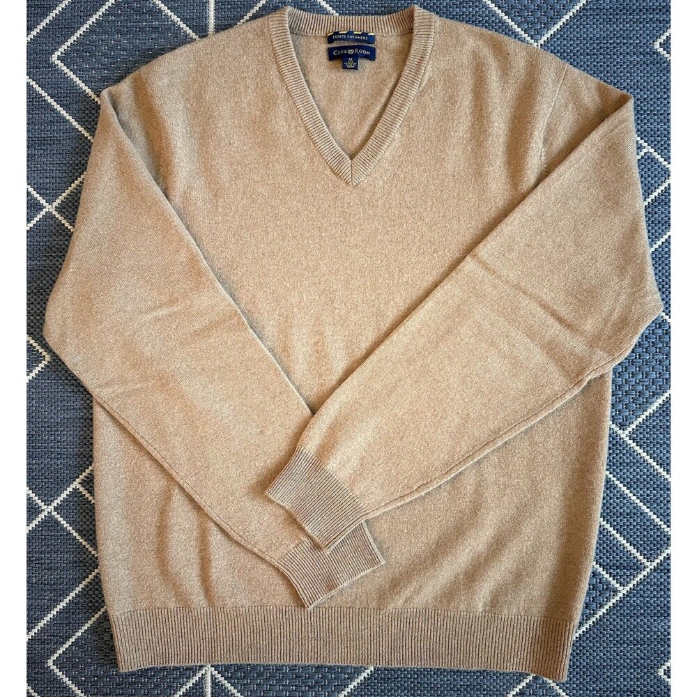 Club Room Estate Cashmere Men’s V-Neck Sweater Medium 100% Cashmere Tan Beige